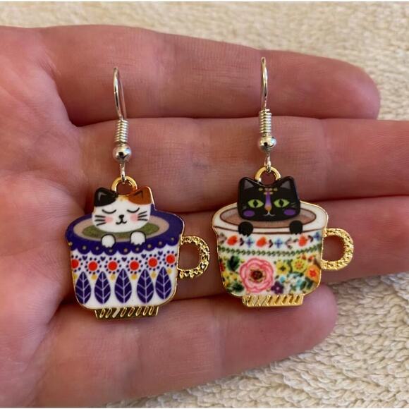 Handmade Folk Art Mismatched Teacup Earrings | Calico Cat & Black Cat Jewelry - Picture 1 of 2